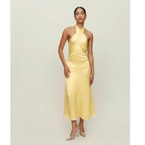 Reformation Dress Maddison Butter Yellow Silk‎ Satin Halter Midi Dress Size 4